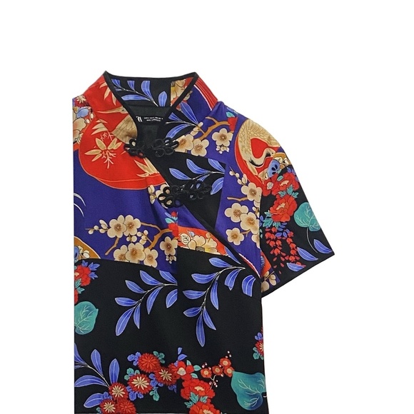 ZARA NWOT Satin Floral Mini Dress Black Medium Mandarin Collar Cheongsam - Picture 5 of 15